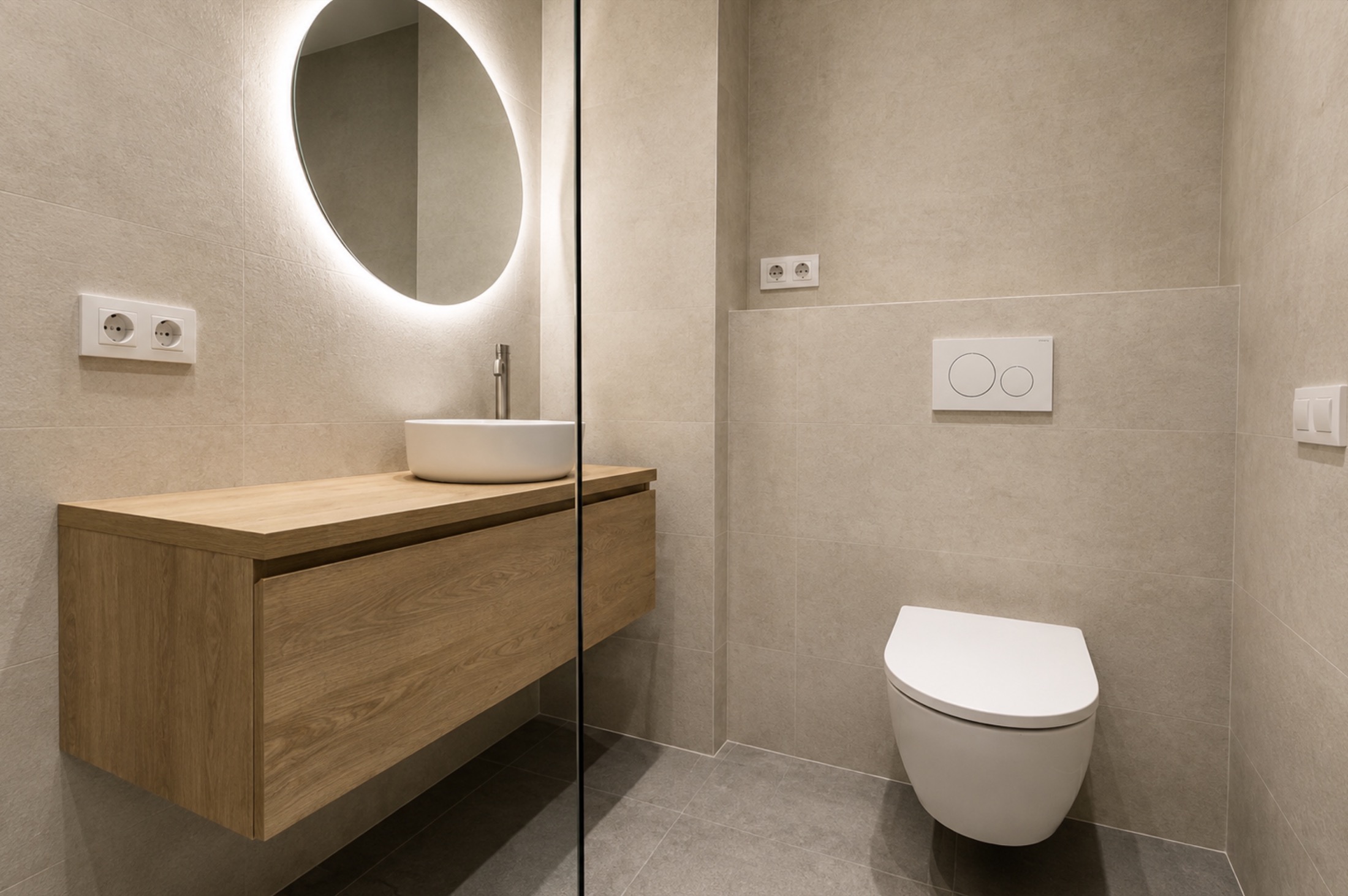 Geometría circular. Un espejo redondo sobre el lavabo suaviza las líneas del mueble suspendido. Los acabados claros se mantienen en suelo y paredes.