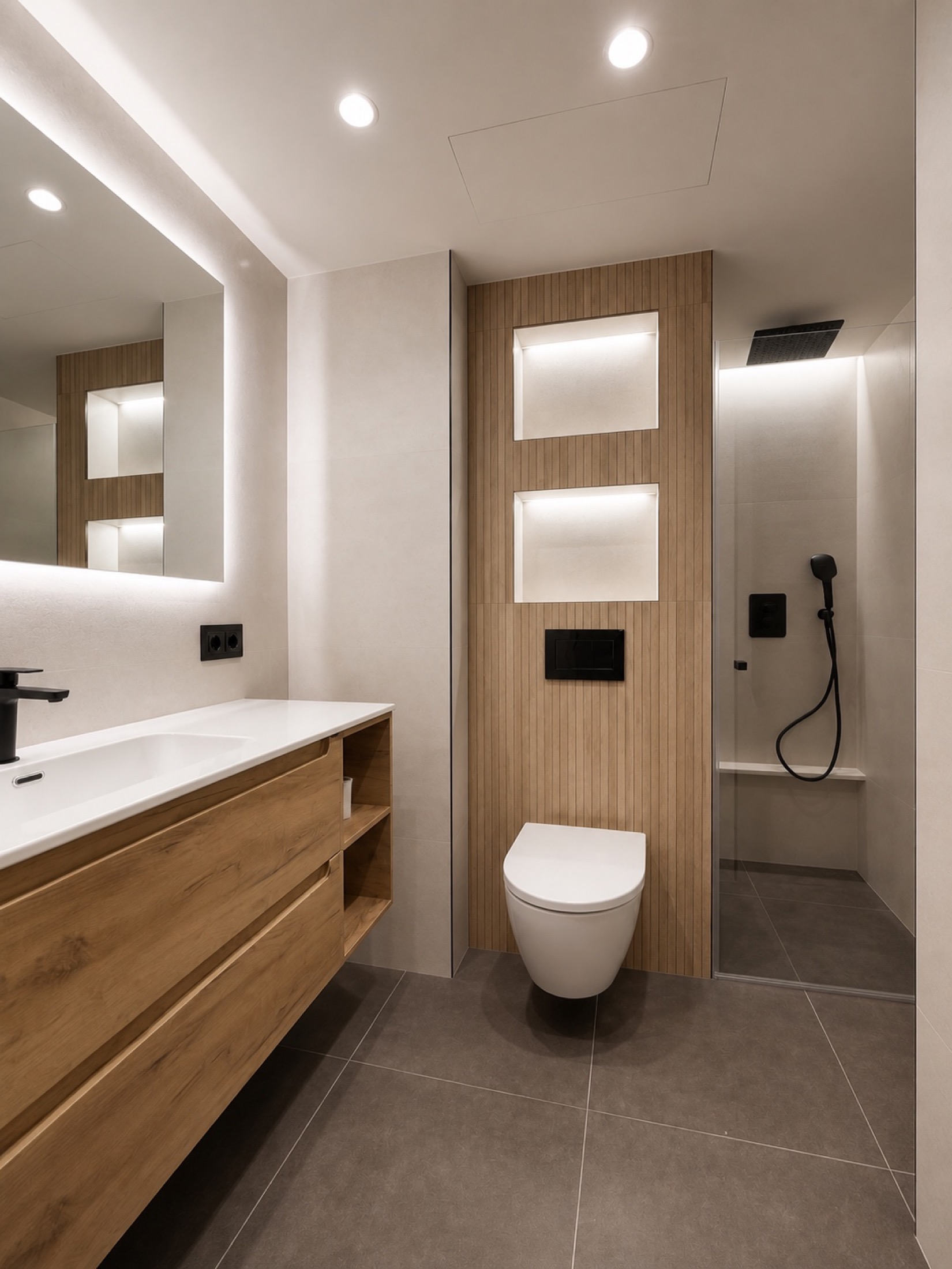 Madera y proporción. El revestimiento de efecto madera continúa junto al sanitario y la ducha. Un mueble suspendido y un espejo amplio recorren la otra pared.