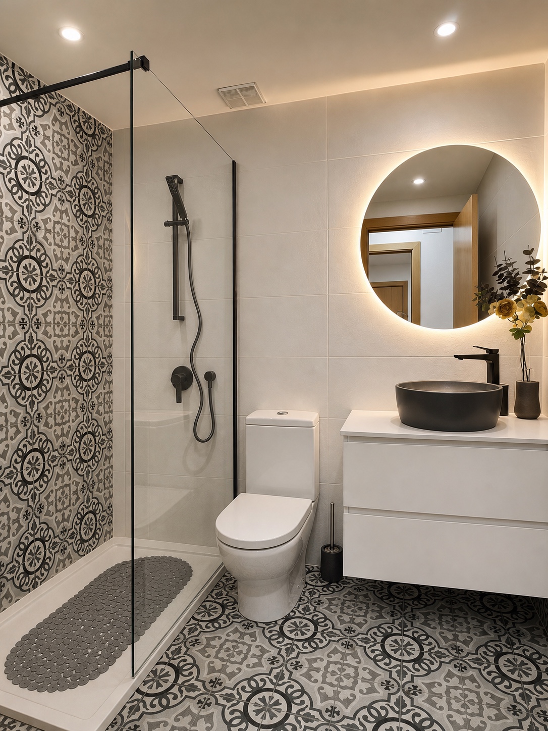 Composición en mosaico. El dibujo geométrico pasa del suelo a la pared de la ducha. El mueble blanco y la mampara de perfilería negra acompañan el mosaico.
