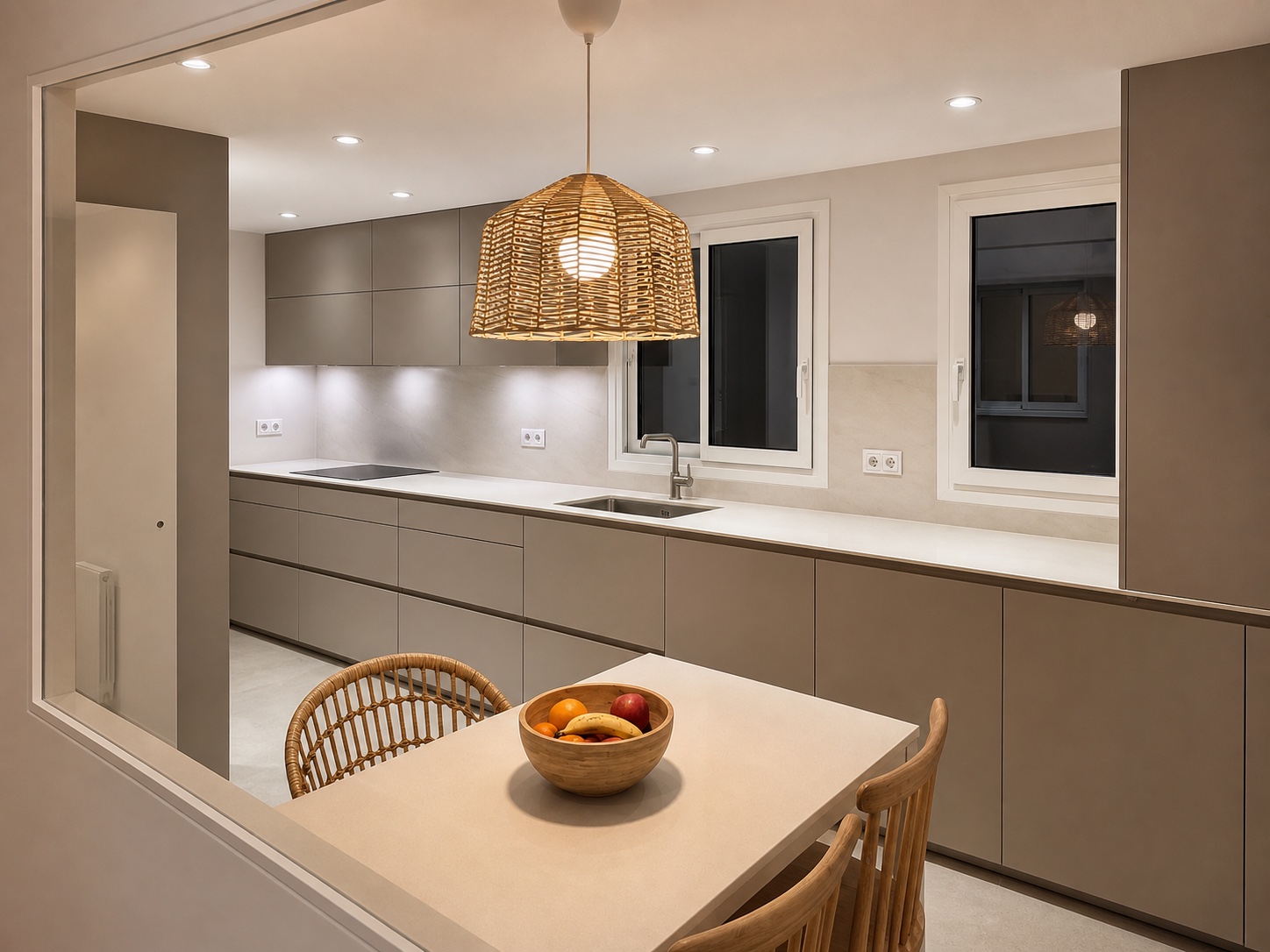 Cocina en tonos topo con comedor junto a la ventana