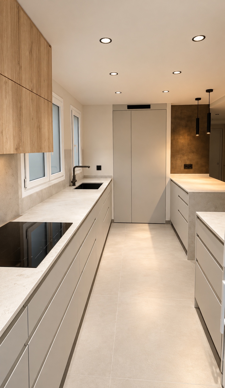 Cocina clara con madera natural. Una cocina diseñada en tonos claros, con detalles de madera natural, encimeras continuas y una iluminación cálida que acompaña las distintas zonas de trabajo.