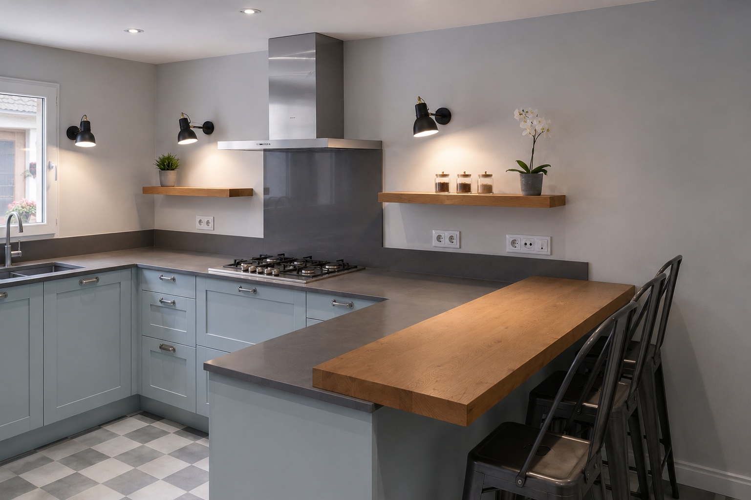 Azul y madera. Frentes en azul grisáceo, estantes abiertos y una barra de madera. El pavimento geométrico completa esta cocina de aire clásico.